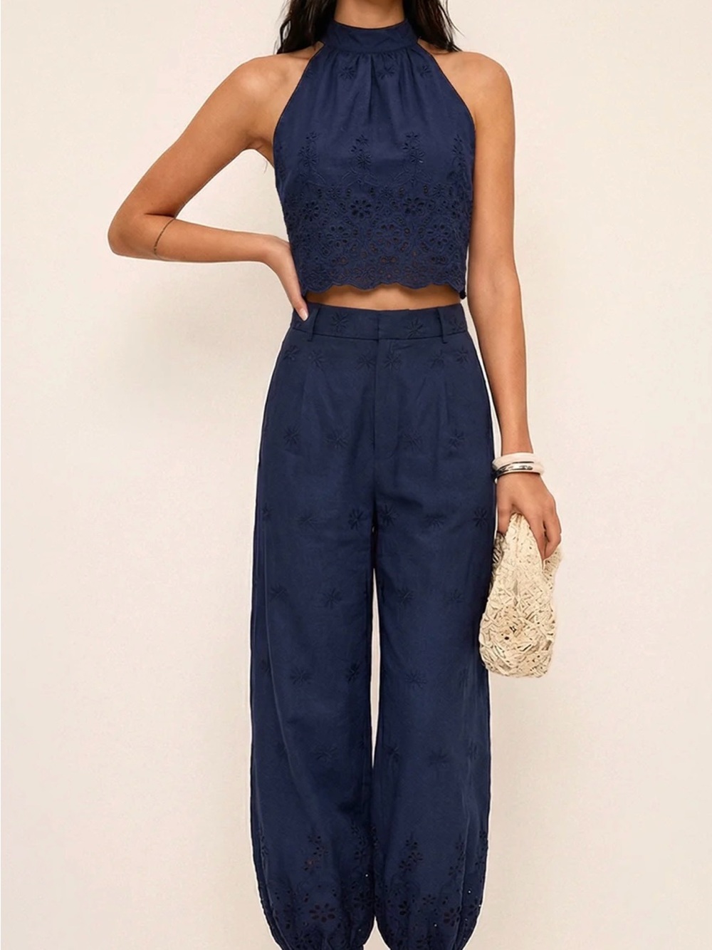 BNWT Commense Navy Eyelet Halter Crop Top with Tie Cuff Pants
